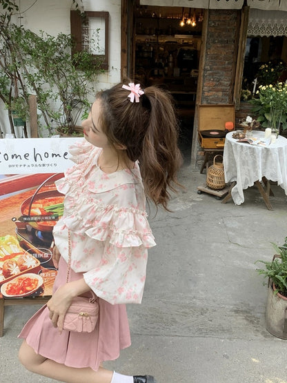 Plus size women's clothing for fat mm summer sweet heavy industry ruffled doll collar puff sleeves pink floral short-sleeved shirt for women