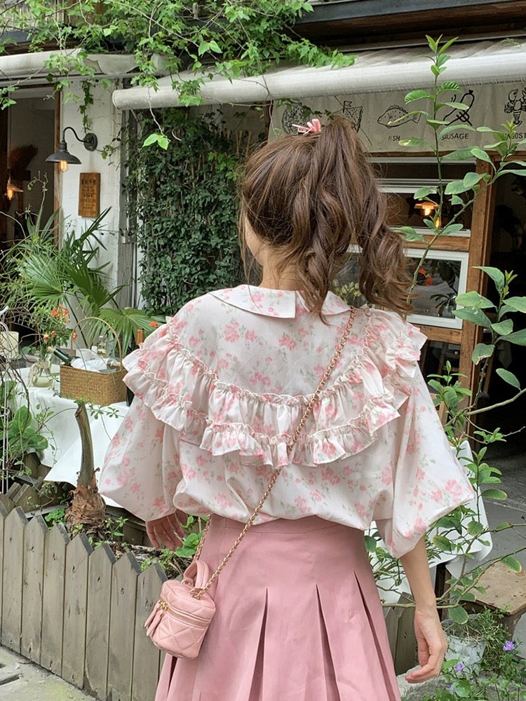 Plus size women's clothing for fat mm summer sweet heavy industry ruffled doll collar puff sleeves pink floral short-sleeved shirt for women