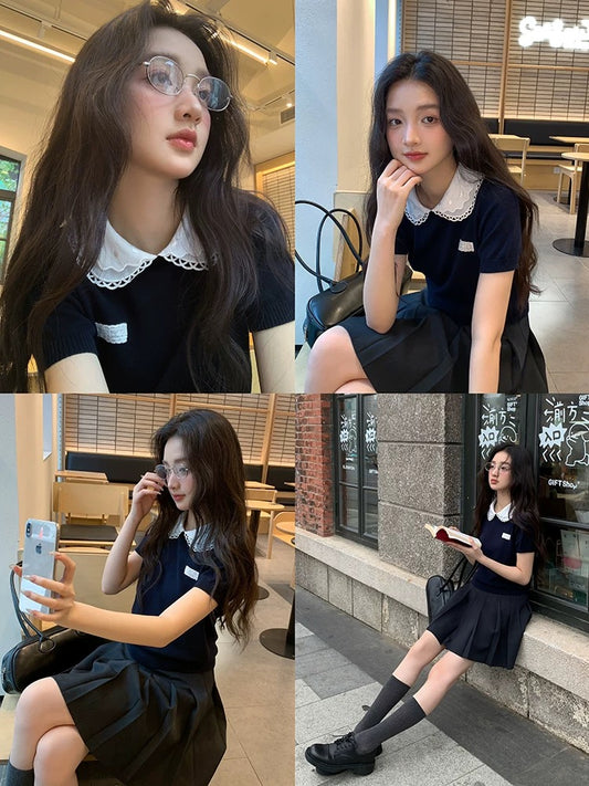 Find the preppy style, youthful Peter Pan collar, short-sleeved knit top for women, 2026 spring new Korean style, short and slim fit.