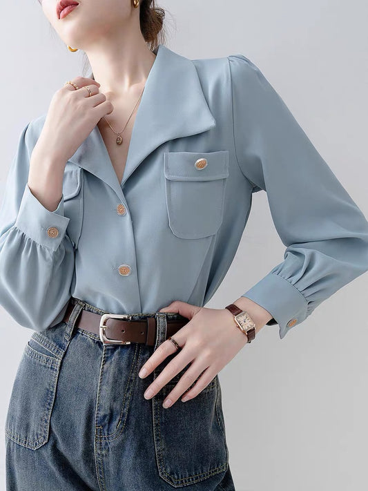 2024 early spring new blue lapel shirt French niche long-sleeved shirt spring women's professional commuting top