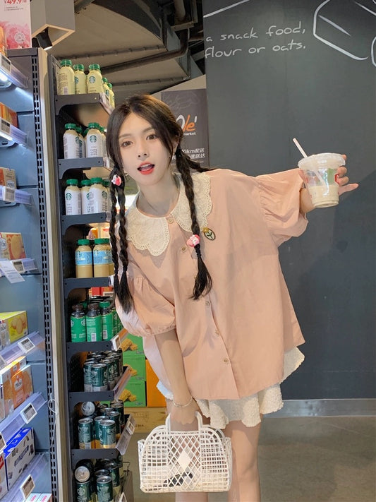 Plus size women's fat mm Japanese sweet age-reducing tea break French short-sleeved shirt female doll collar bubble top