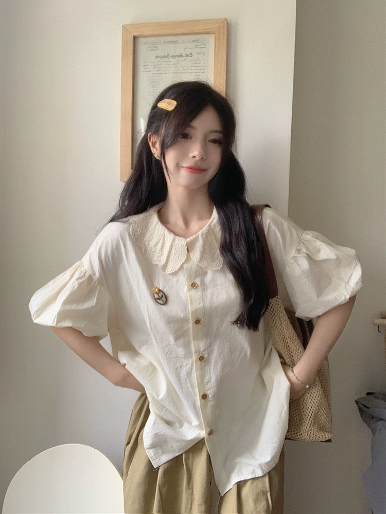 Plus size women's fat mm Japanese sweet age-reducing tea break French short-sleeved shirt female doll collar bubble top