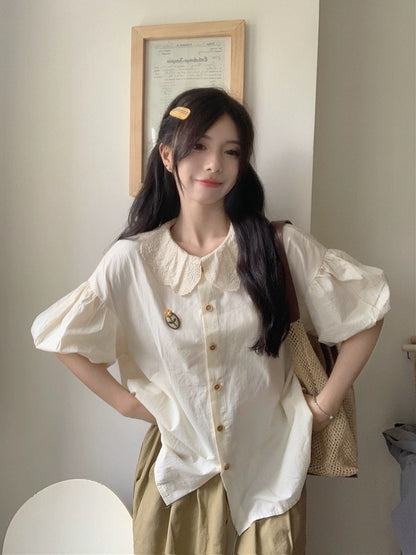 Plus size women's fat mm Japanese sweet age-reducing tea break French short-sleeved shirt female doll collar bubble top