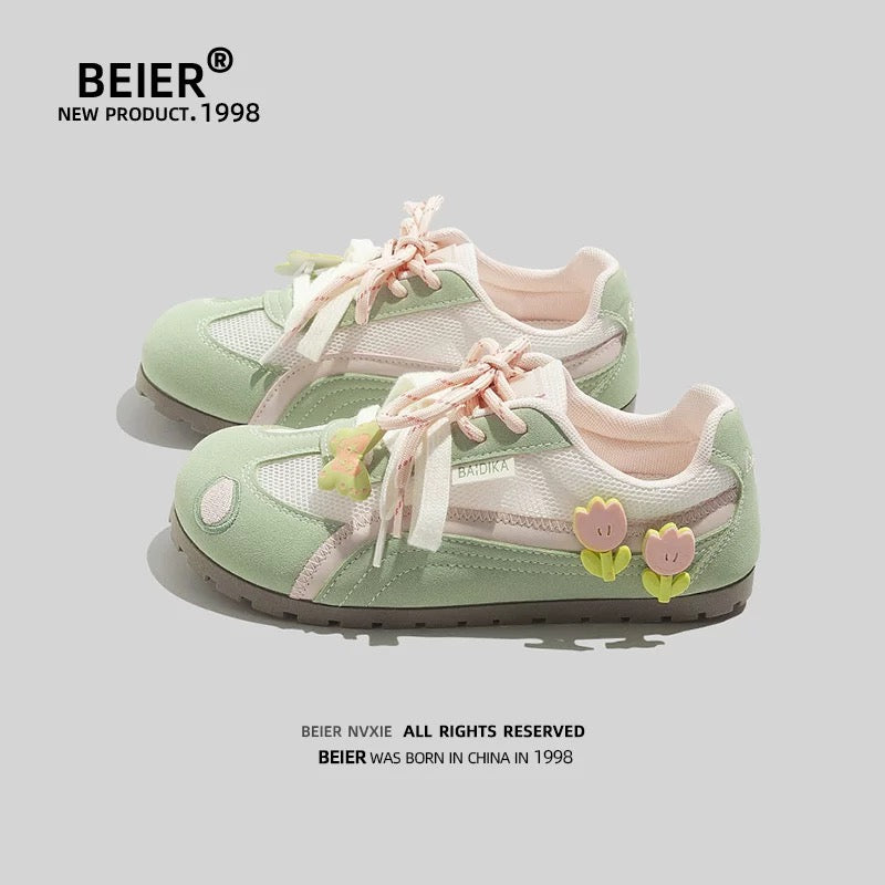 BEIER flat-bottom round-toe German training shoes 2025 new breathable versatile mesh lightweight casual versatile white shoes for women