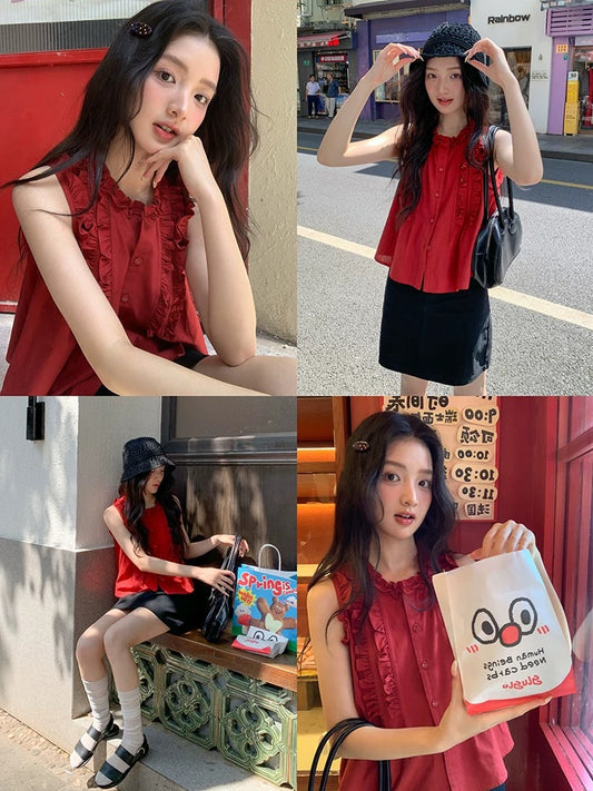 Find the perfect red vest with ruffled trim for women, perfect for summer wear, 2026 new style, super stylish sleeveless top, thin design