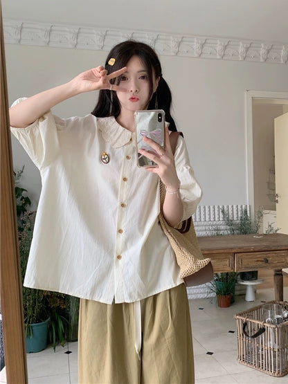 Plus size women's fat mm Japanese sweet age-reducing tea break French short-sleeved shirt female doll collar bubble top
