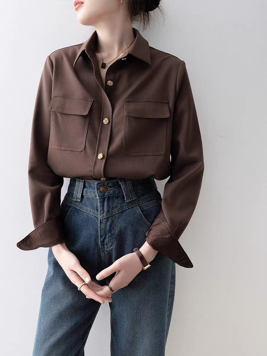 2024 early spring European khaki polo collar shirt French niche chic beautiful shirt spring women's top