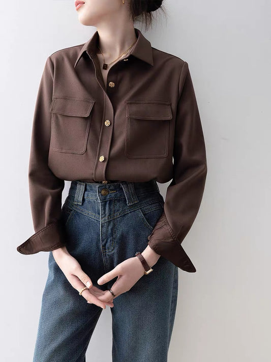 2024 early spring European khaki polo collar shirt French niche chic beautiful shirt spring women's top