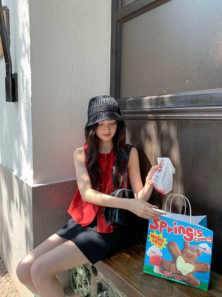 Find the perfect red vest with ruffled trim for women, perfect for summer wear, 2026 new style, super stylish sleeveless top, thin design