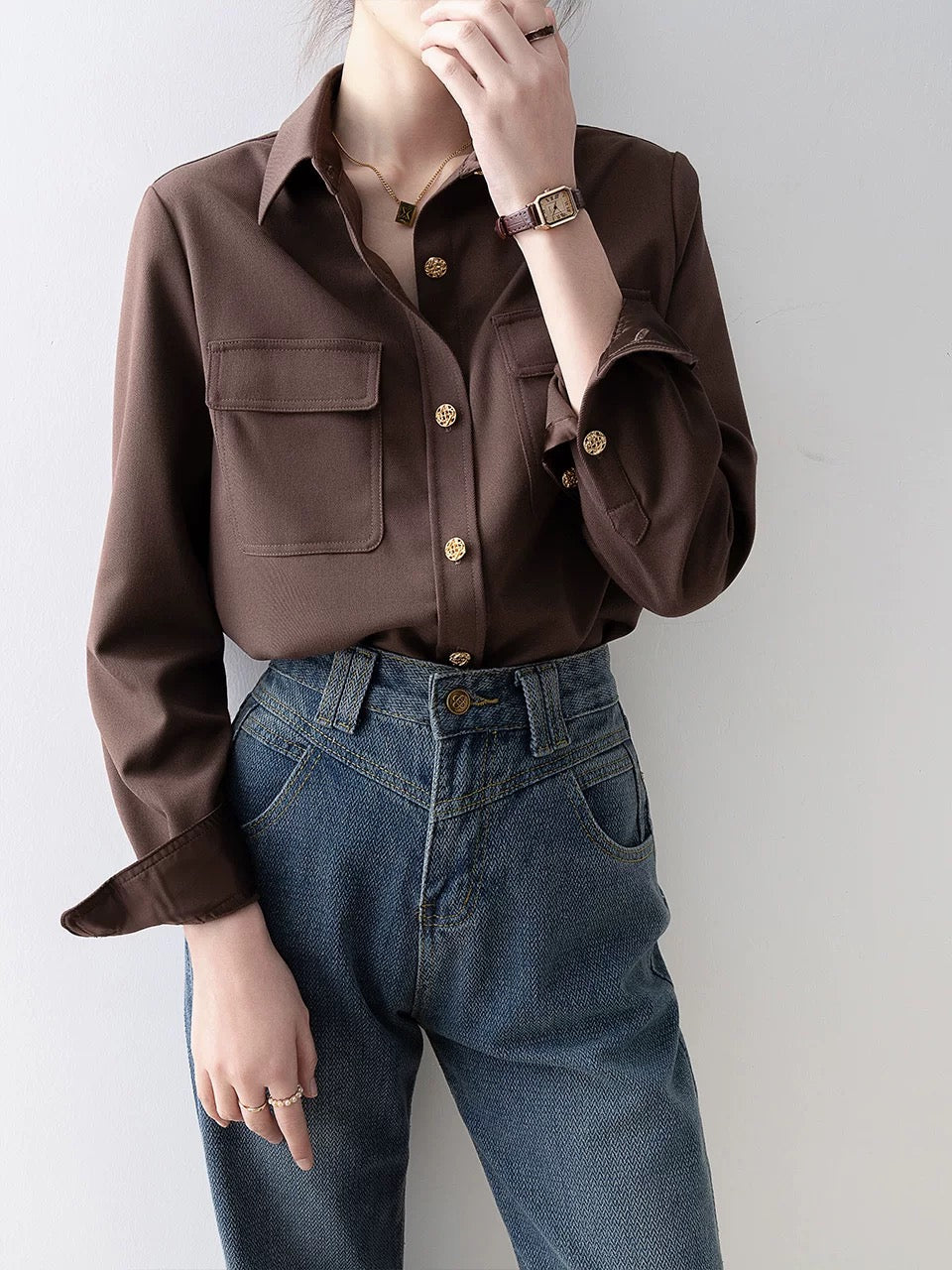 2024 early spring European khaki polo collar shirt French niche chic beautiful shirt spring women's top