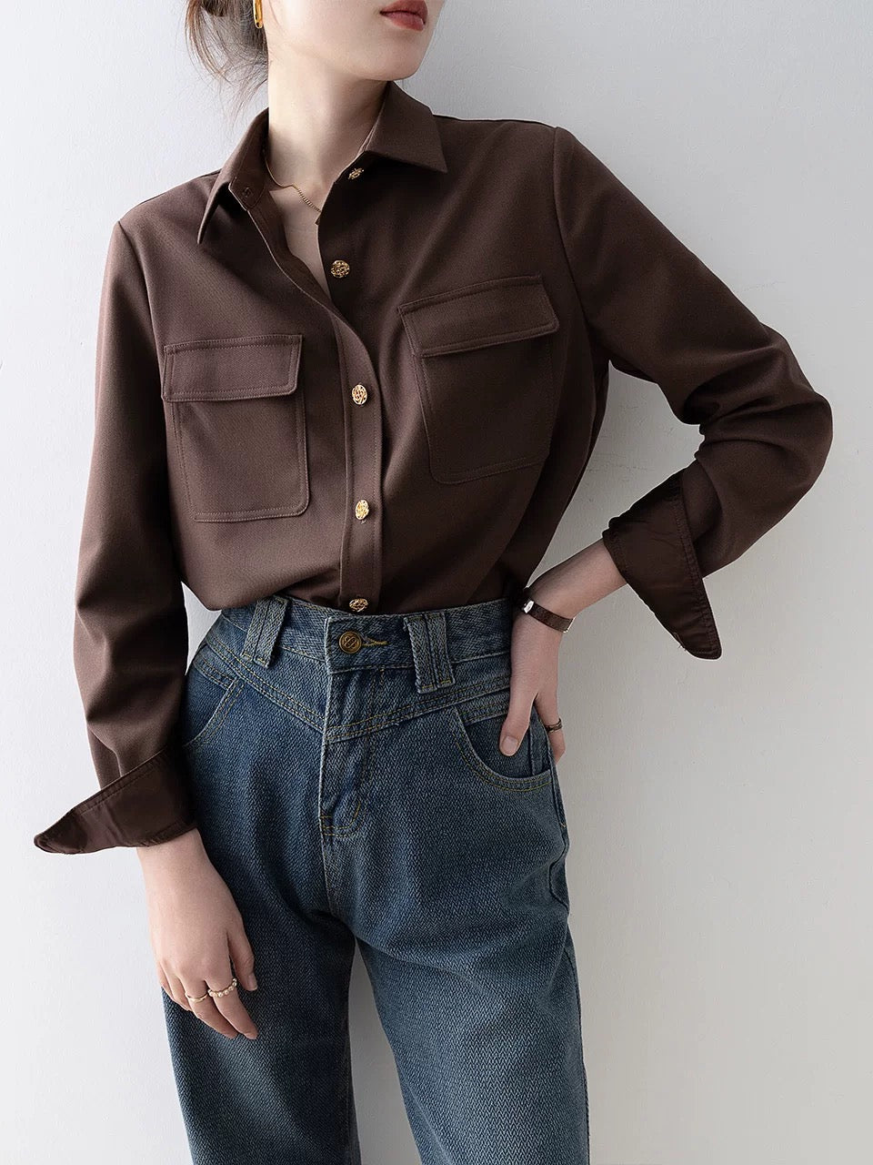 2024 early spring European khaki polo collar shirt French niche chic beautiful shirt spring women's top