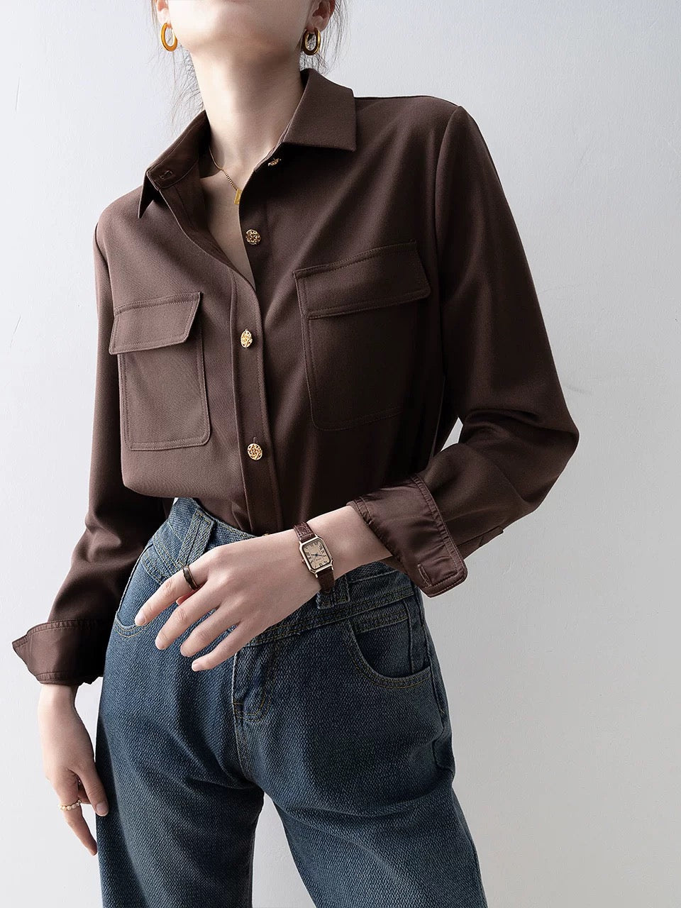 2024 early spring European khaki polo collar shirt French niche chic beautiful shirt spring women's top