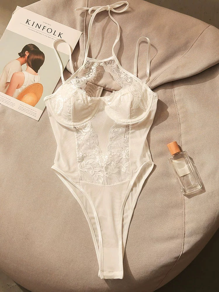 Hot girl lace hollow high waist jumpsuit female halter neck suspender top autumn and winter inner wear sexy off-shoulder design