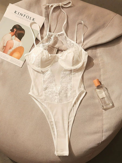 Hot girl lace hollow high waist jumpsuit female halter neck suspender top autumn and winter inner wear sexy off-shoulder design