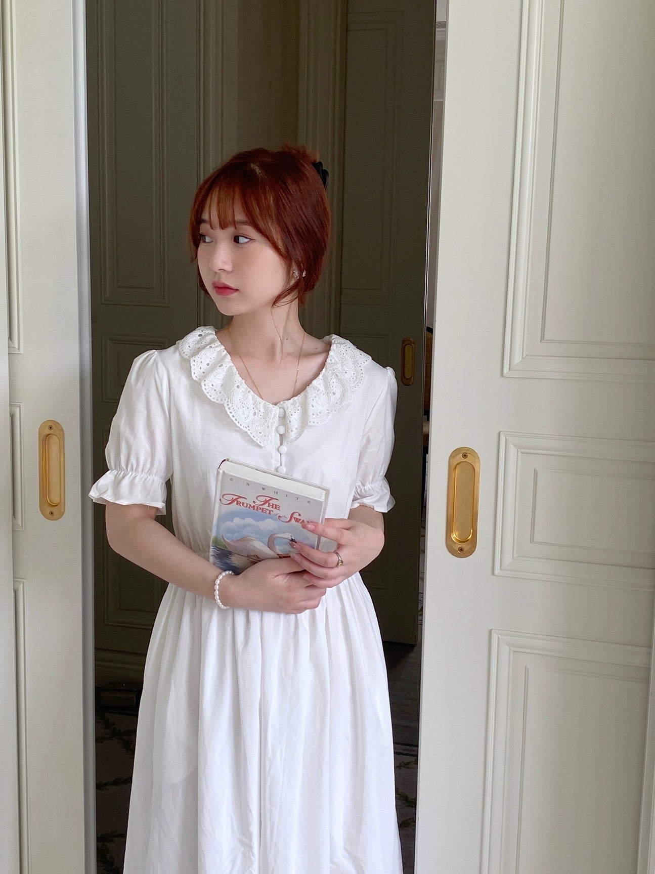 ReallyWhy French girly v-neck cotton lace long dress with high waist and three-color dress with sweet holiday style