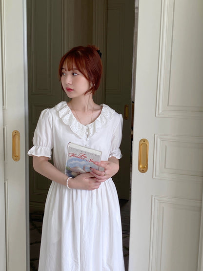 ReallyWhy French girly v-neck cotton lace long dress with high waist and three-color dress with sweet holiday style