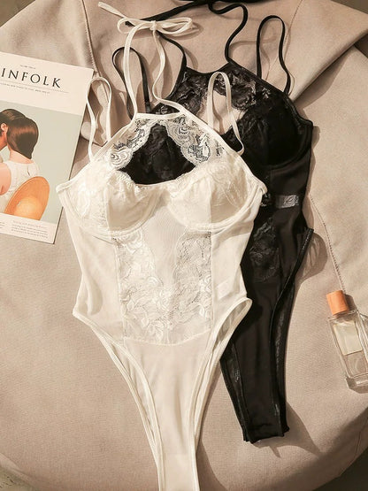 Hot girl lace hollow high waist jumpsuit female halter neck suspender top autumn and winter inner wear sexy off-shoulder design