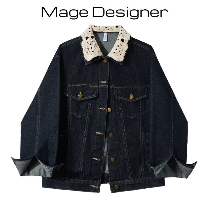 French retro lace stitching denim jacket for women 2025 spring new style high-end casual loose slim top