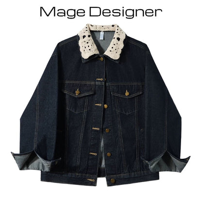 French retro lace stitching denim jacket for women 2025 spring new style high-end casual loose slim top