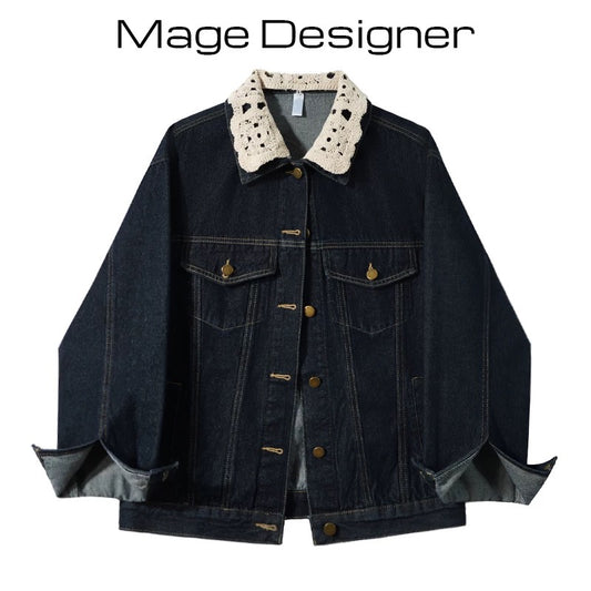 French retro lace stitching denim jacket for women 2025 spring new style high-end casual loose slim top