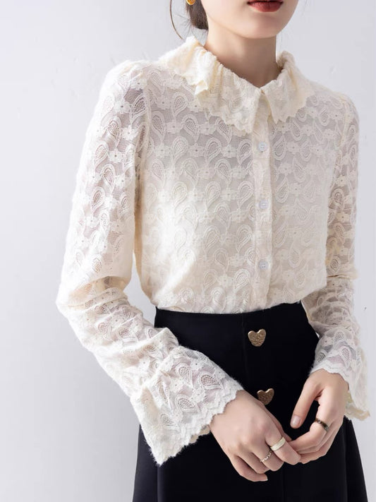 European shirt 2023 new autumn apricot lace chiffon shirt women's long-sleeved top light mature style French niche