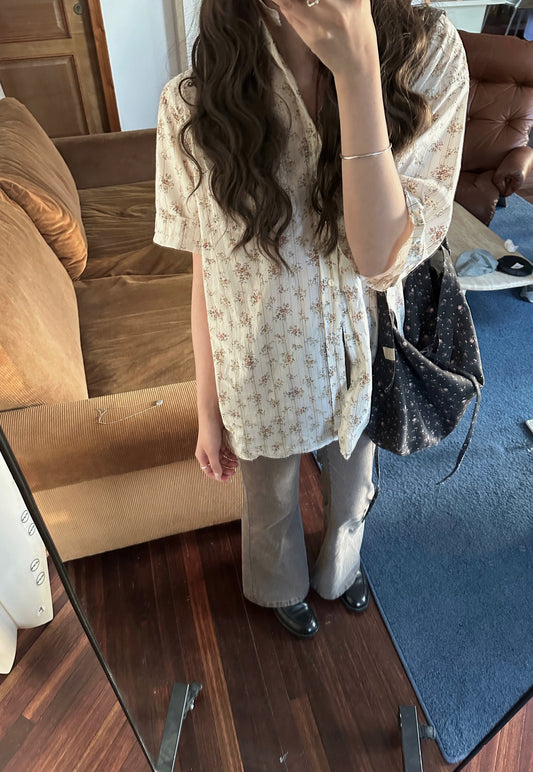 JMwomen﹝Open a flower shop﹞Mid-length vertical striped floral short-sleeved shirt women's spring Japanese top