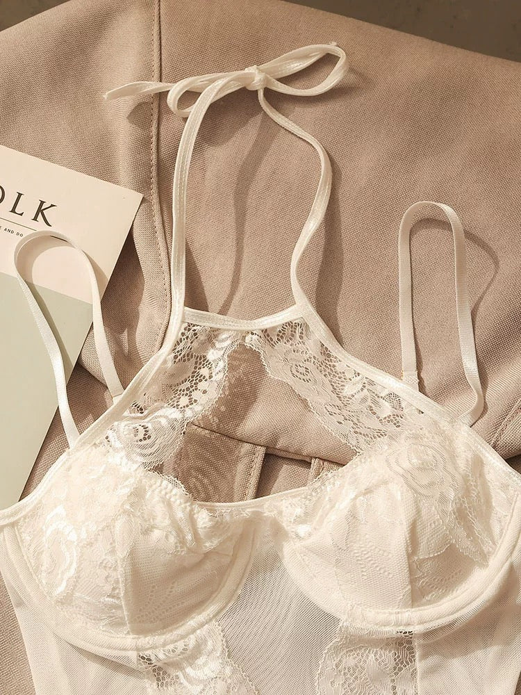 Hot girl lace hollow high waist jumpsuit female halter neck suspender top autumn and winter inner wear sexy off-shoulder design
