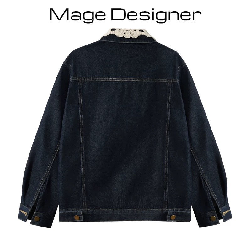 French retro lace stitching denim jacket for women 2025 spring new style high-end casual loose slim top