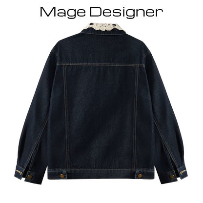 French retro lace stitching denim jacket for women 2025 spring new style high-end casual loose slim top