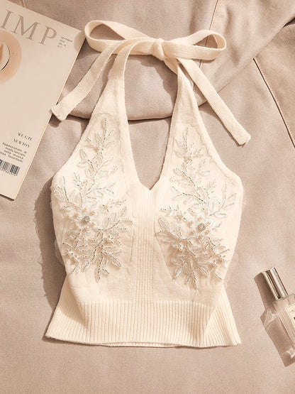 Hot girl halter neck suspender top for women, sexy back knitted small vest, slim-fitting off-shoulder design, wear outside
