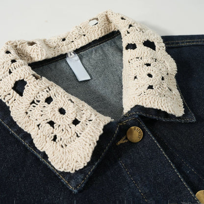 French retro lace stitching denim jacket for women 2025 spring new style high-end casual loose slim top
