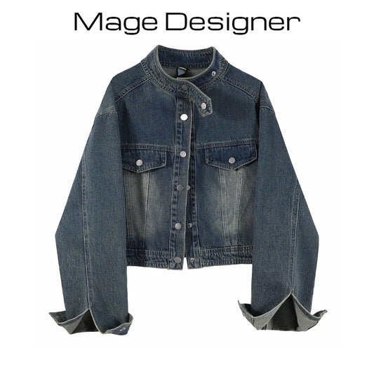 2023 Autumn Korean Retro Distressed Temperament Short Denim Jacket Women's Loose Slim Stand Collar Jacket Top