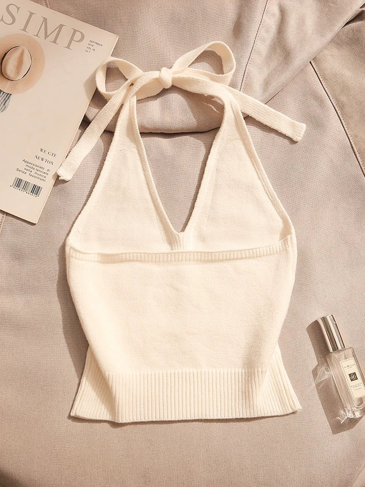 Hot girl halter neck suspender top for women, sexy back knitted small vest, slim-fitting off-shoulder design, wear outside