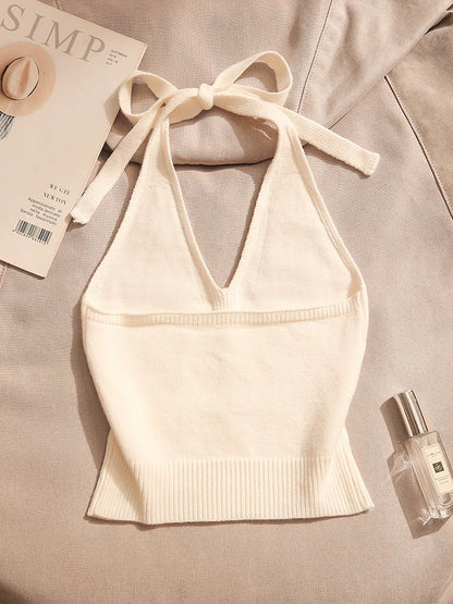 Hot girl halter neck suspender top for women, sexy back knitted small vest, slim-fitting off-shoulder design, wear outside