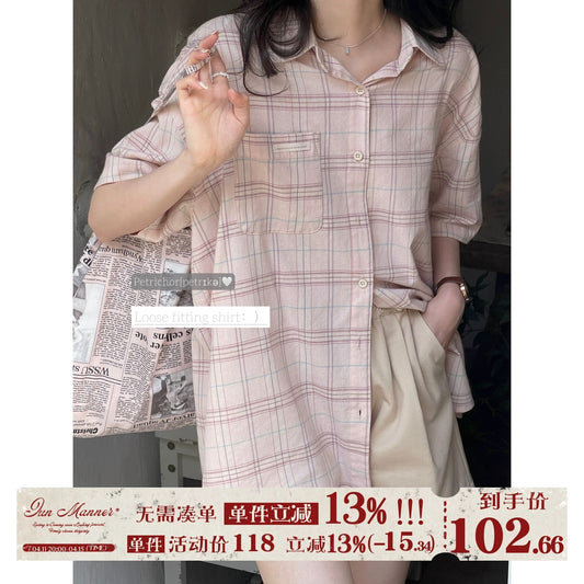 jmwomen pink plaid short-sleeved shirt for women summer loose design niche pine American retro top