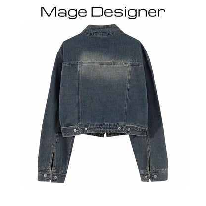 2023 Autumn Korean Retro Distressed Temperament Short Denim Jacket Women's Loose Slim Stand Collar Jacket Top