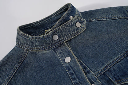 2023 Autumn Korean Retro Distressed Temperament Short Denim Jacket Women's Loose Slim Stand Collar Jacket Top