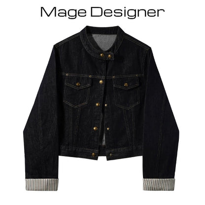 Spring new Hong Kong style retro fashion striped curled short denim jacket for women petite all-match jacket tops