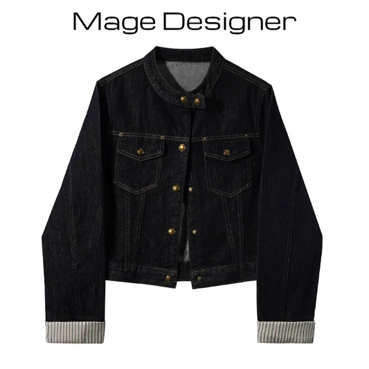 Spring new Hong Kong style retro fashion striped curled short denim jacket for women petite all-match jacket tops