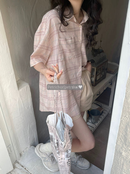 jmwomen pink plaid short-sleeved shirt for women summer loose design niche pine American retro top