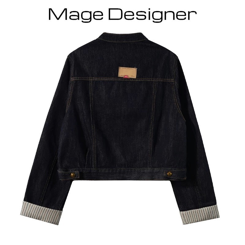 Spring new Hong Kong style retro fashion striped curled short denim jacket for women petite all-match jacket tops