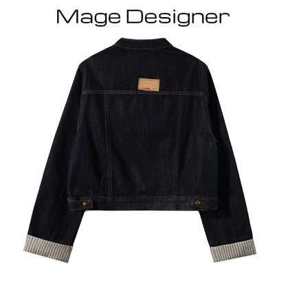 Spring new Hong Kong style retro fashion striped curled short denim jacket for women petite all-match jacket tops
