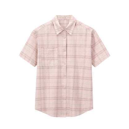 jmwomen pink plaid short-sleeved shirt for women summer loose design niche pine American retro top