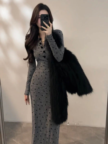 Da Tingting French-style slim-fit fashion heart-patterned floral long-sleeved waist-cinching autumn/winter new slimming dress DT1892