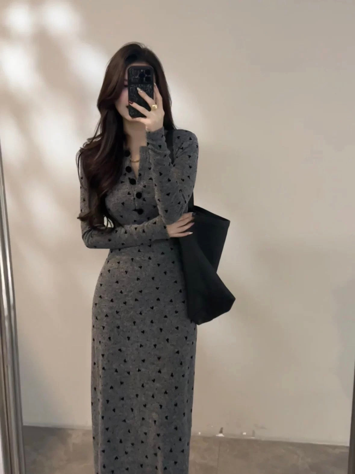 Da Tingting French-style slim-fit fashion heart-patterned floral long-sleeved waist-cinching autumn/winter new slimming dress DT1892
