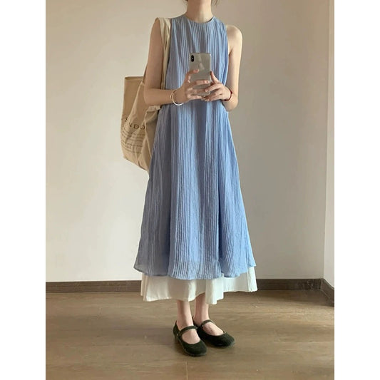 New Chinese style pleated textured sleeveless dress for women 2024 new temperament drape long skirt for women summer