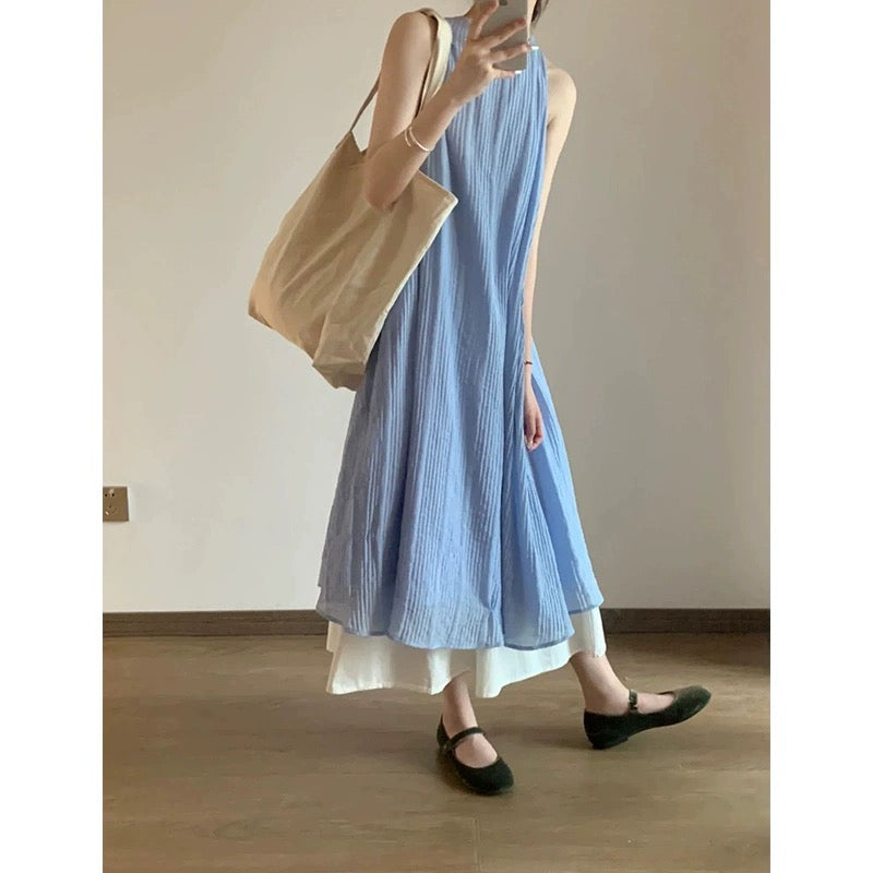 New Chinese style pleated textured sleeveless dress for women 2024 new temperament drape long skirt for women summer