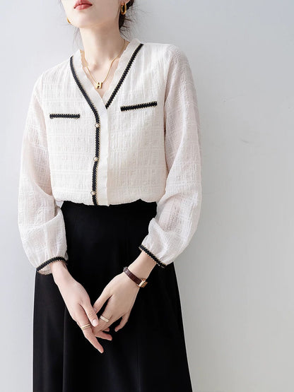 Spring women's shirts 2024 new apricot V-neck shirt early spring European design small shirt French top