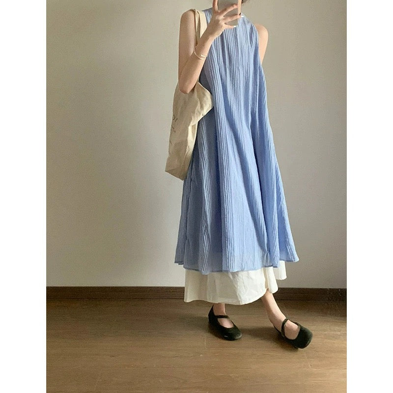 New Chinese style pleated textured sleeveless dress for women 2024 new temperament drape long skirt for women summer