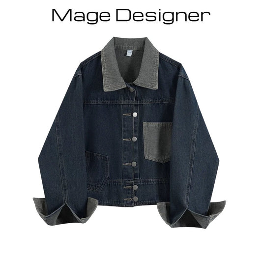 Washed contrast color denim short jacket for women autumn and winter new style casual loose small size lapel short jacket tops for women